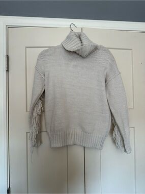Fringe Sleeve Cream Turtleneck Sweater